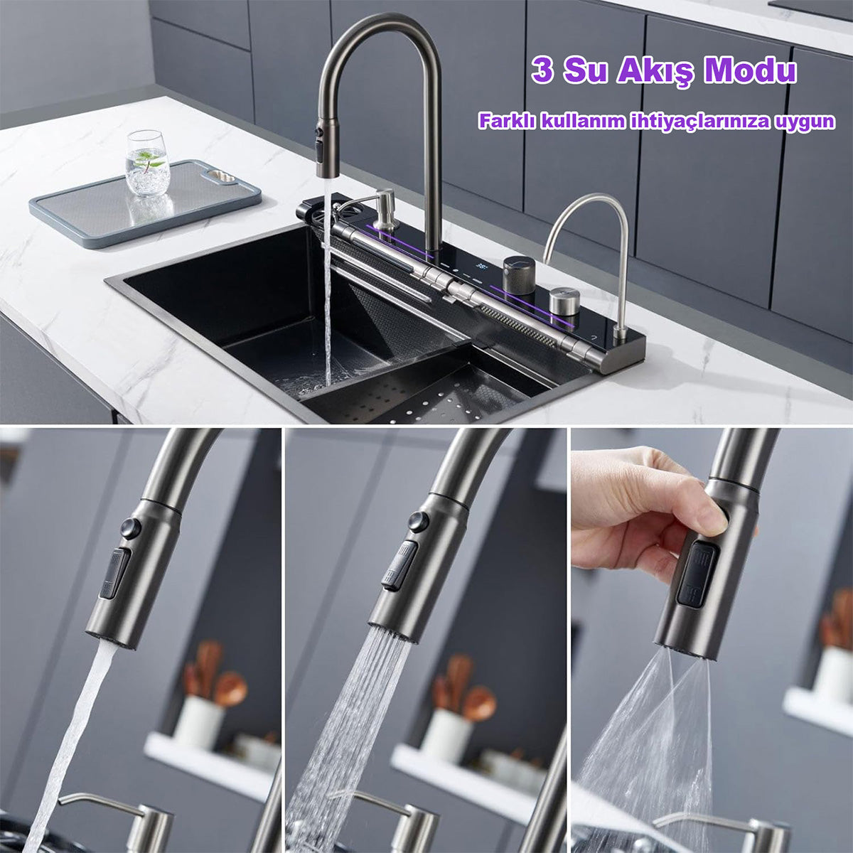 Fleko Light Akıllı Şelale Teknolojik Eviye Seti Batarya Mutfak Evyesi 75x45 cm