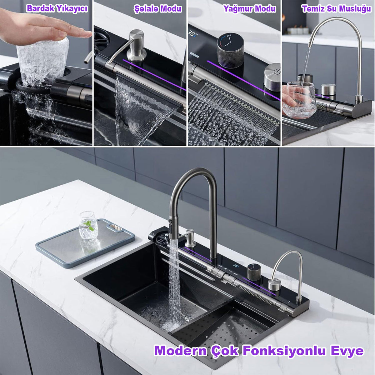 Fleko Light Akıllı Şelale Teknolojik Eviye Seti Batarya Mutfak Evyesi 75x45 cm