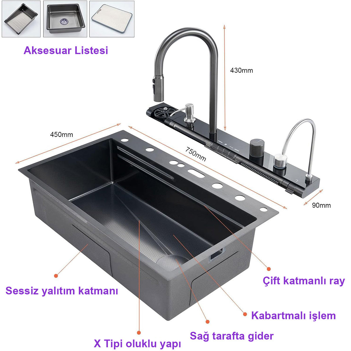 Fleko Light Akıllı Şelale Teknolojik Eviye Seti Batarya Mutfak Evyesi 75x45 cm