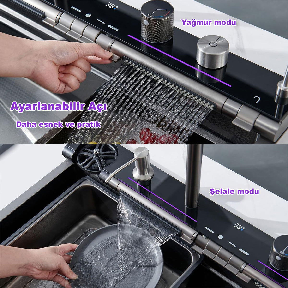 Fleko Light Akıllı Şelale Teknolojik Eviye Seti Batarya Mutfak Evyesi 75x45 cm