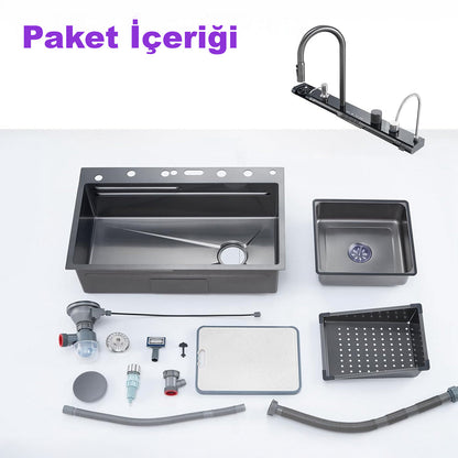 Fleko Light Akıllı Şelale Teknolojik Eviye Seti Batarya Mutfak Evyesi 75x45 cm