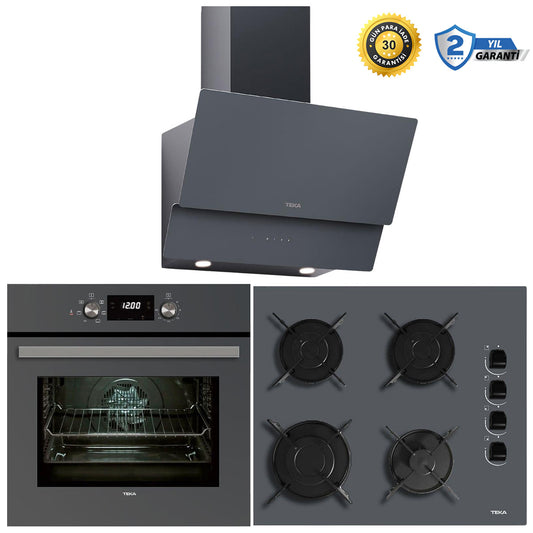 Teka Ankastre Set, HAK 625 ST Gri Ankastre Fırın, GBE 64002 KBC ST Gri Cam Ankastre Ocak, ATV 60 PRO ST Gri Davlumbaz