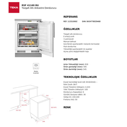 Teka RSF 41160 BU Tezgah Altı Ankastre Derin Dondurucu